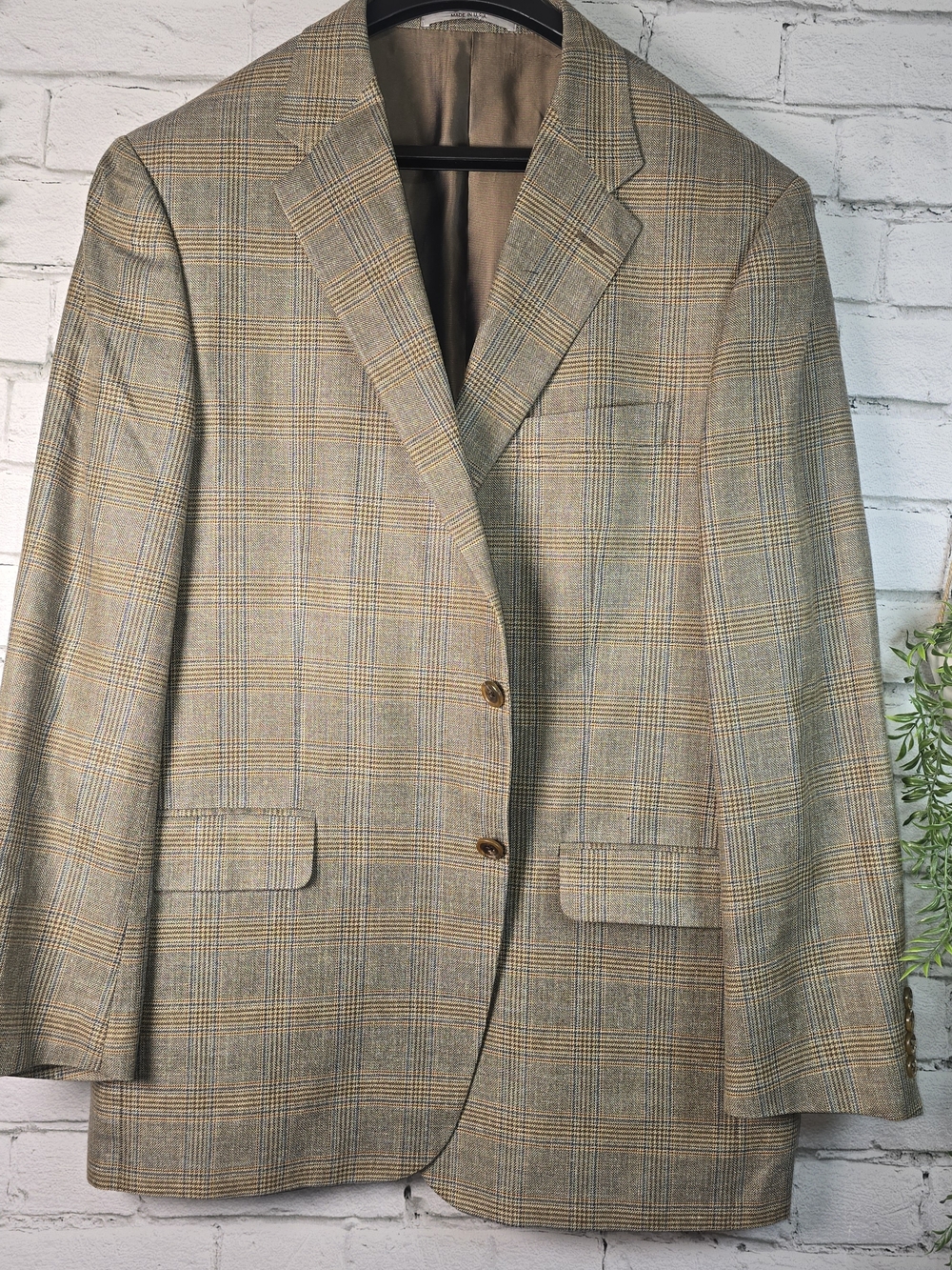 HICKEY FREEMAN LINDSEY MENS BLAZER SPORTCOAT GLEN PLAID SILK BLEND TAN GRAY 44R